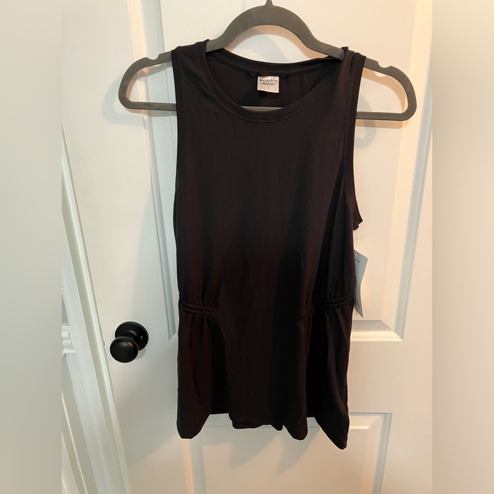 Black Athleta tank top with elastic cinching at waist. NWT